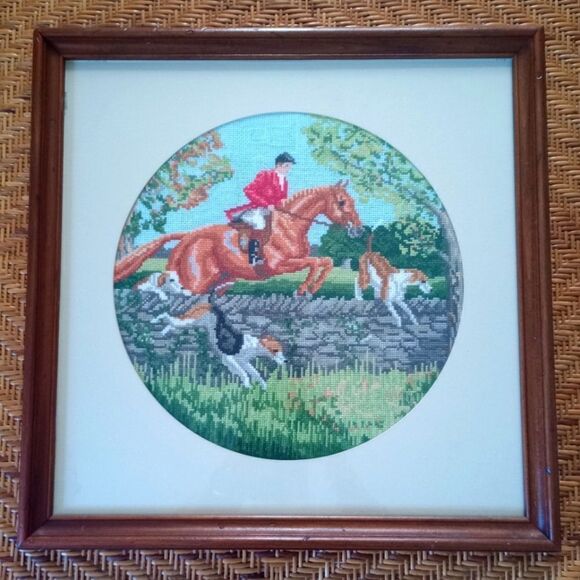 Equestrian Needlepoint 1980s Framed Artwork Vintage 16.5" X 16.5" - Picture 1 of 7